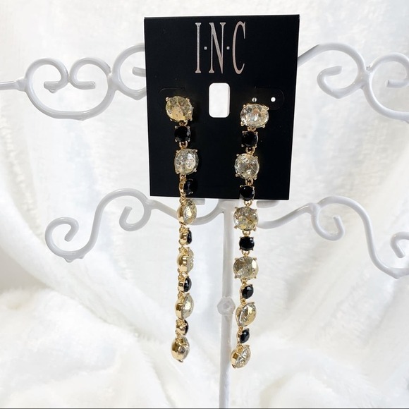 INC gold tone and black multi stone drop earrings - Picture 1 of 3
